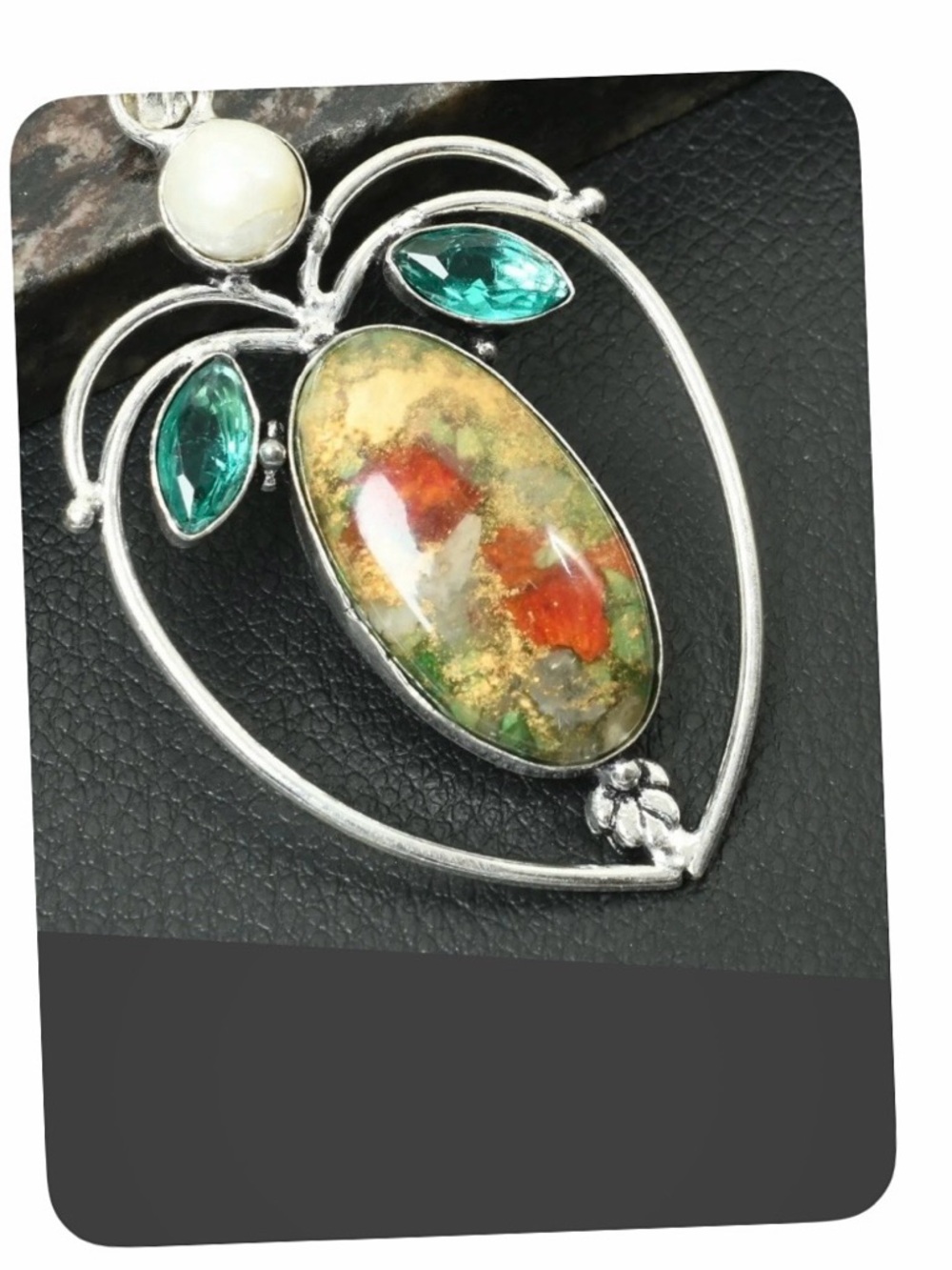 2 1/2 inch, Oyster Turquoise, Apatite, and Pearl pendant on a  silver chain